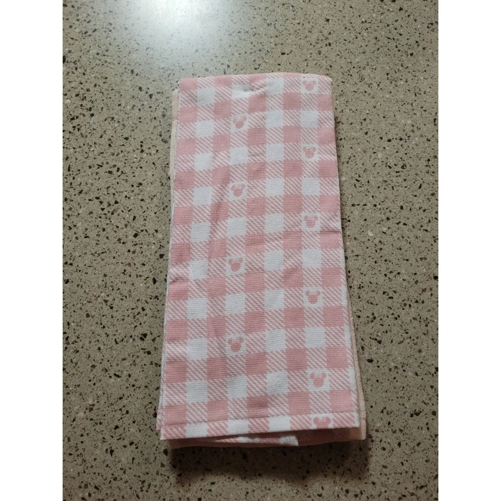 Disney Minnie Mouse Set Of 2 Kitchen Tea Towels Pink Peach White Gingham NWT